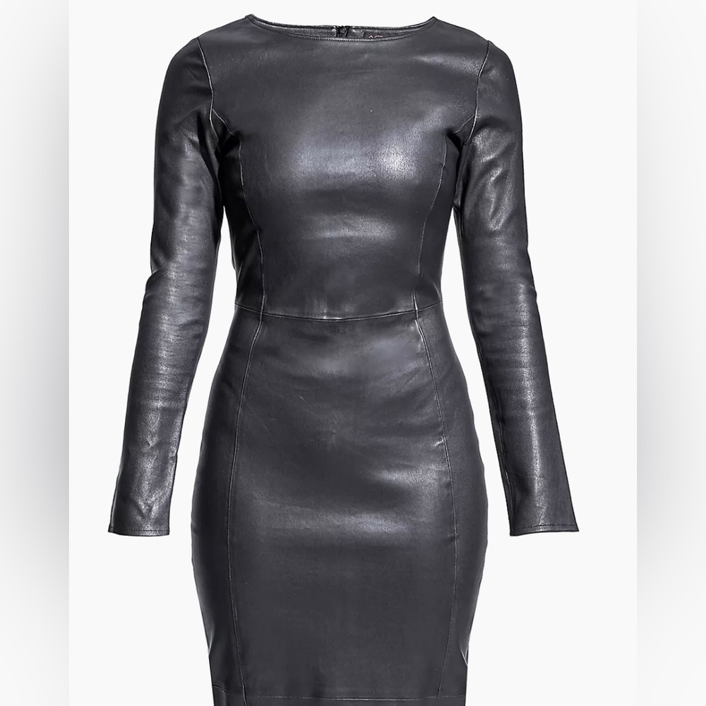 $750 AS by DF Women's Black Leather Long Sleeve Bodycon Dress Size XS
